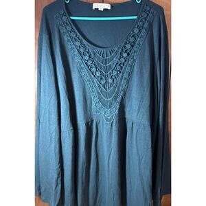 Suzanne Betro Weekend Green Crochet Trim Babydoll Top Plus Size 4X Lace V4